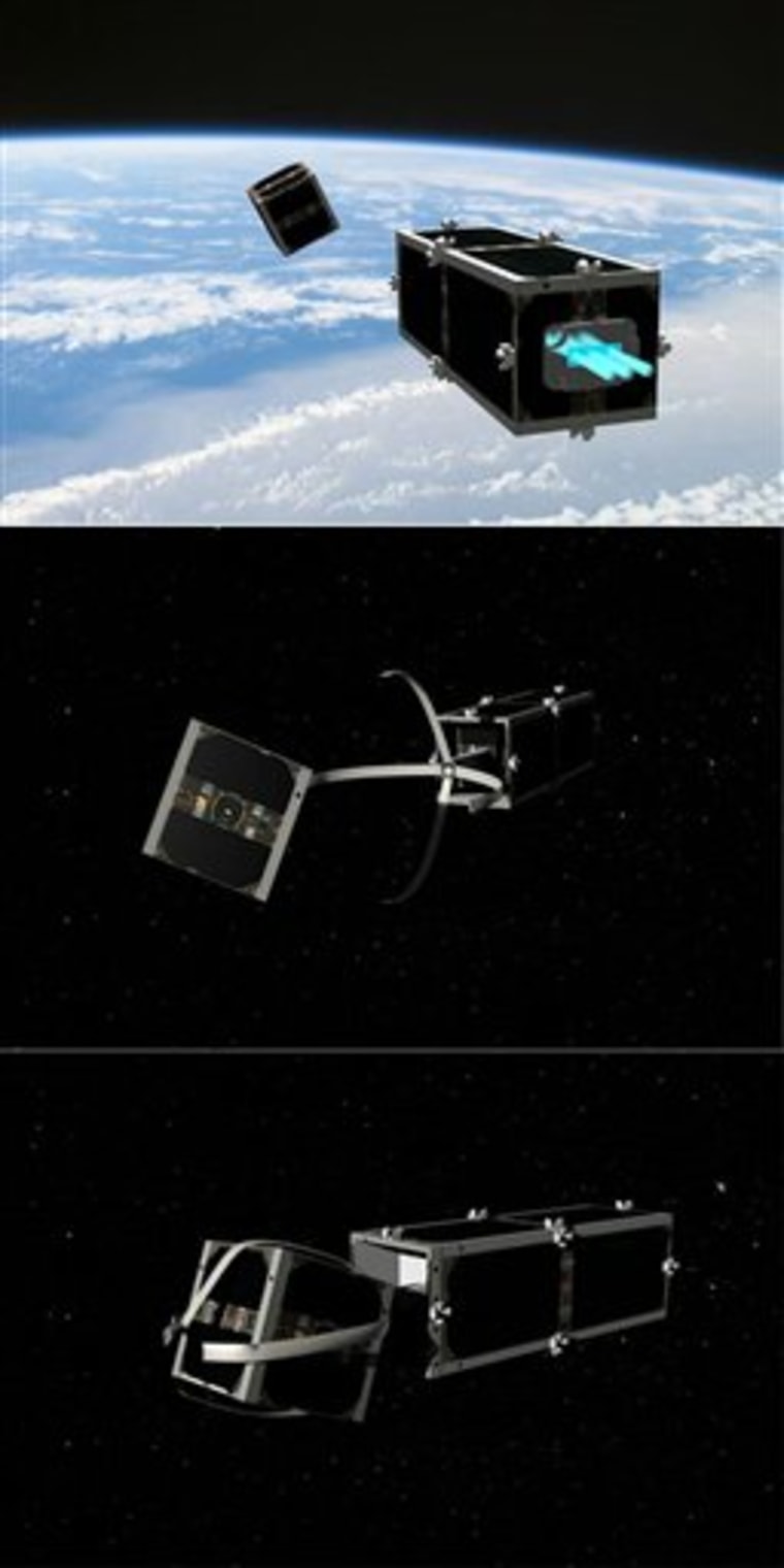 In this combination photo illustration provided by the Swiss Space Center of the Swiss Federal Institute of Technology (EPFL), the CleanSpace One satellite is chasing its target, one of the CubeSats launched by Switzerland in 2009. The CleanSpace One, top, unfolds its bio-inspired gripping mechanism just before reaching its target, center, and, firmly attached to the debris, powers on its engines in order to reach the Earth atmosphere, bottom, where both satellites will be burnt during their descent.